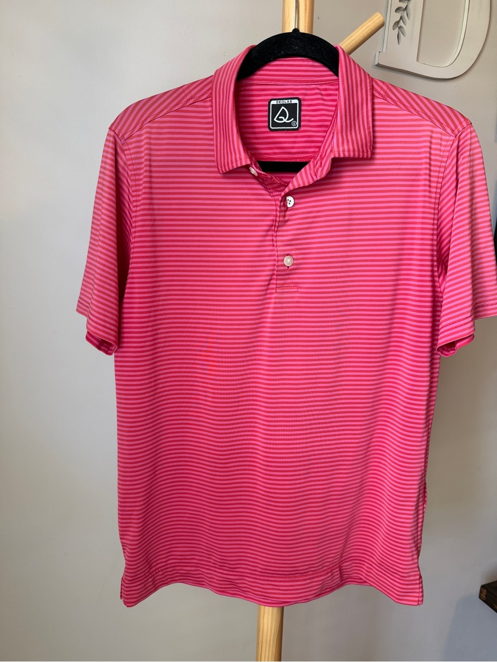 Deolax Polo Shirt Pink Red Striped Men’s Size Small Stretchy Performance Fabric